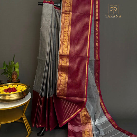 Grey with pink Chettinad Cotton Saree