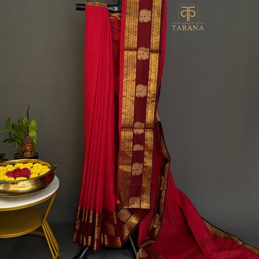 Red with maroon Chettinad Cotton Saree