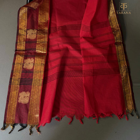 Red with maroon Chettinad Cotton Saree