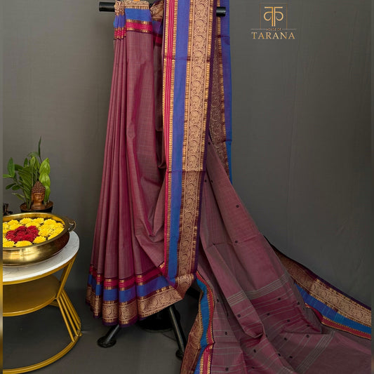 Reddish brown with purple Chettinad Cotton Saree
