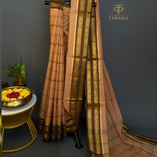 Peach Orange with Brown Chettinad Cotton Saree