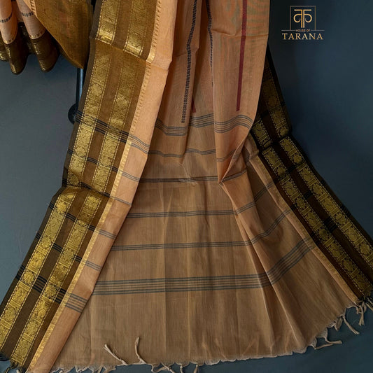 Peach Orange with Brown Chettinad Cotton Saree