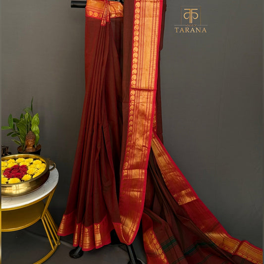 Brown with red Chettinad Cotton Saree