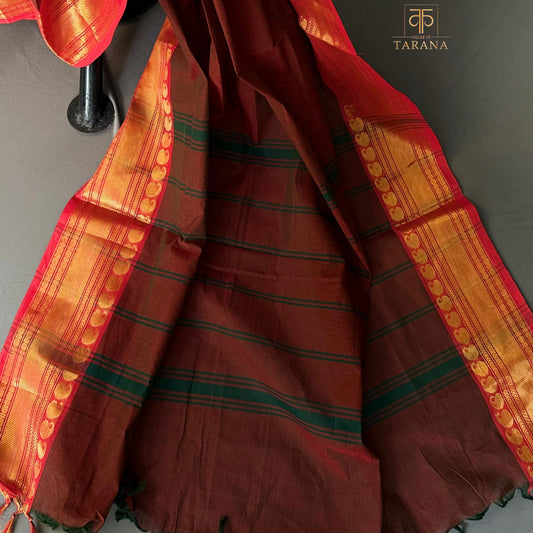 Brown with red Chettinad Cotton Saree
