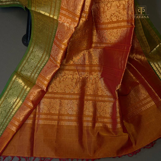 Deep Orange with Green  Silk Cotton
