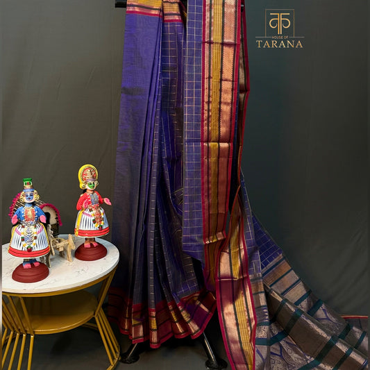 Blue with deep pink  Silk Cotton