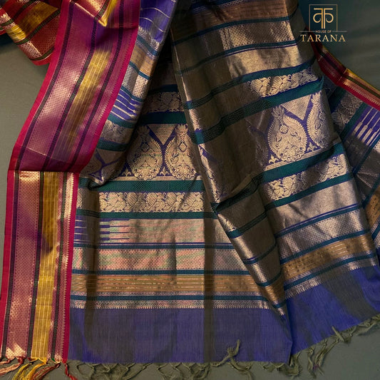 Blue with deep pink  Silk Cotton