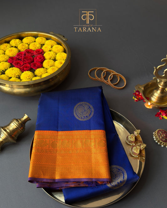 Royal blue with rich golden orange kanjivaram silk saree